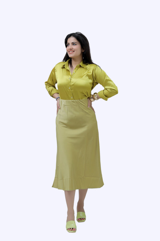 Imported Moss Green Satin Shirt with Midi Skirt Combo Set