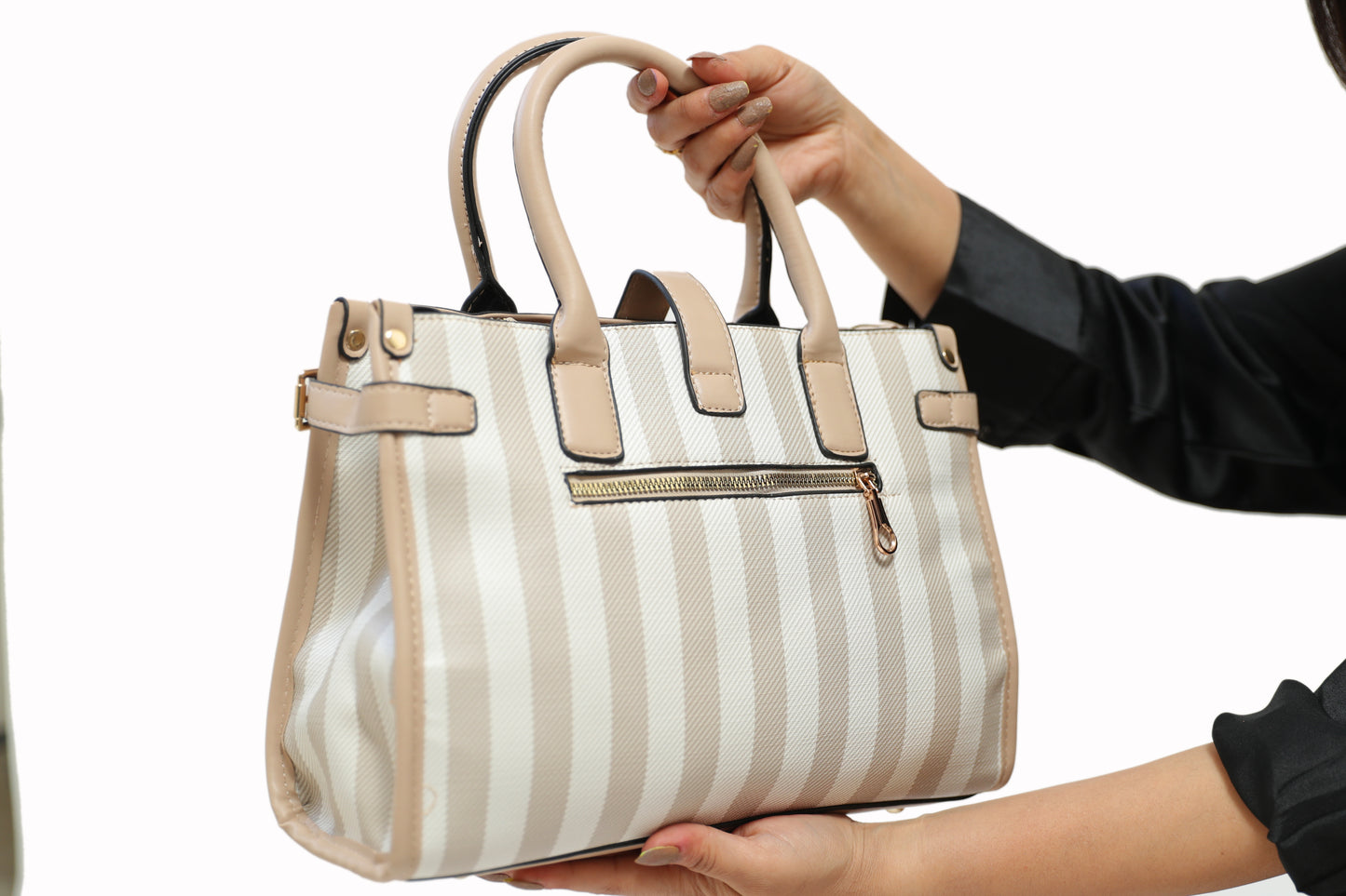 Beige White Striped Satchel Bag