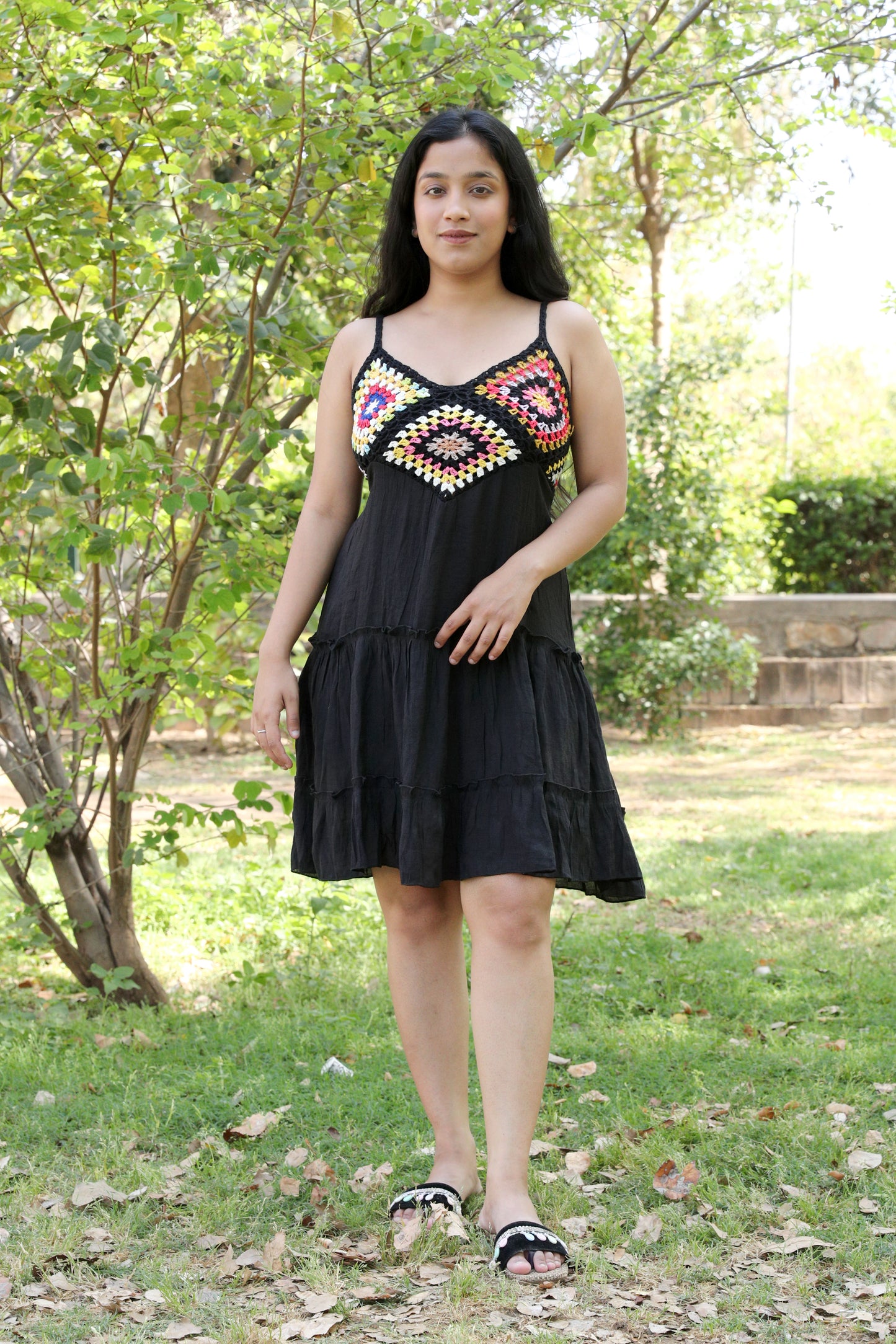 Multicolour Mini Crochet Strappy Dress with Back Knot