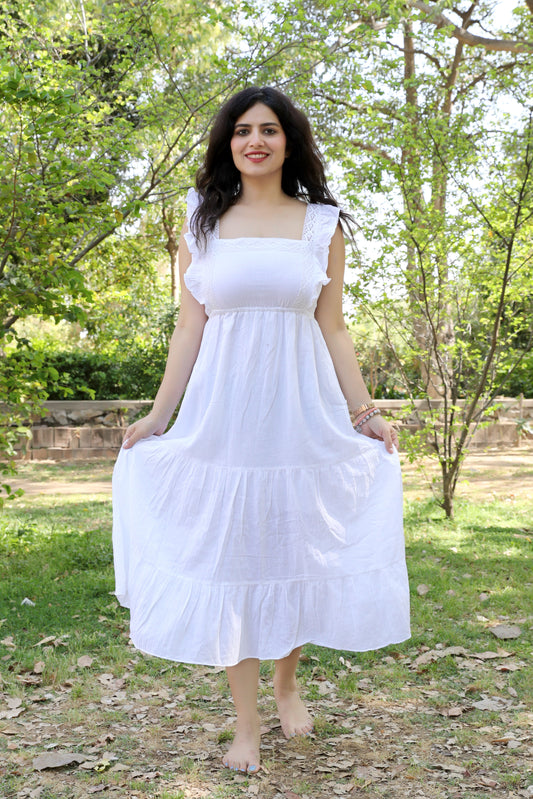 White Lacy Fit & Flare Frill Dress