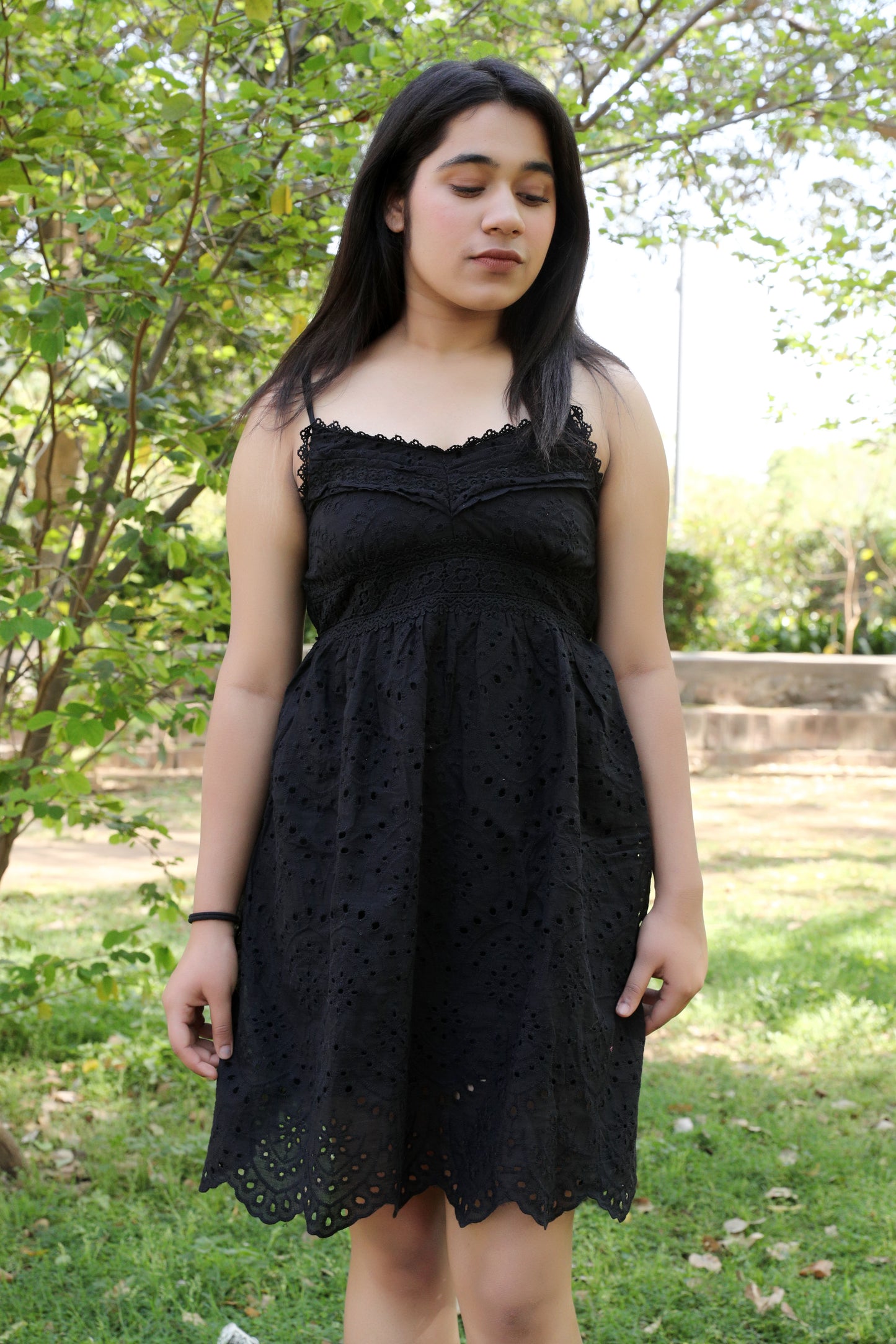 Lacy Strappy Schiffli Cotton Dress (Sleeveless)