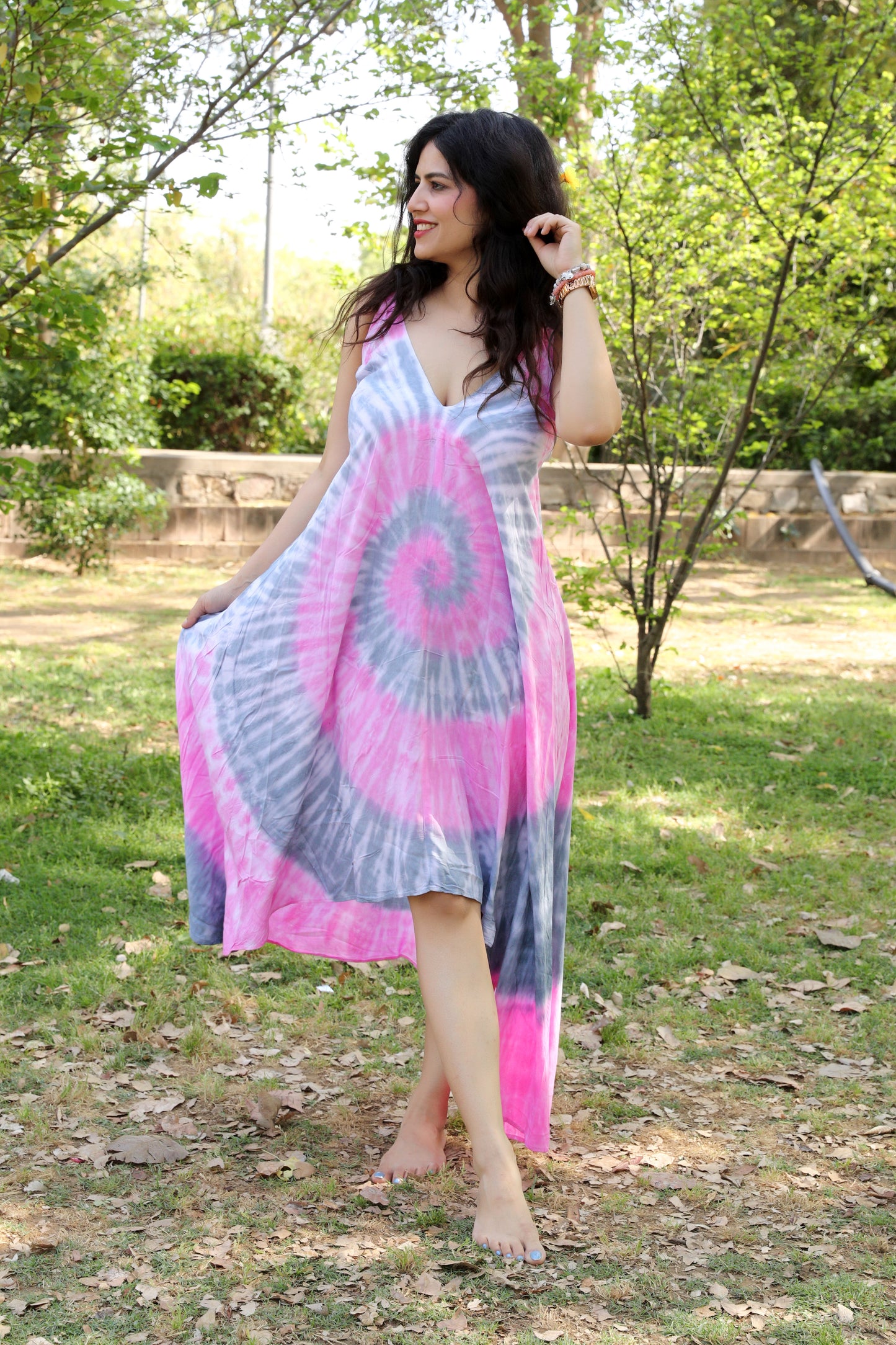 Pink Tie and Dye Maxi  Flowy V-Neck Dress with Back Tie