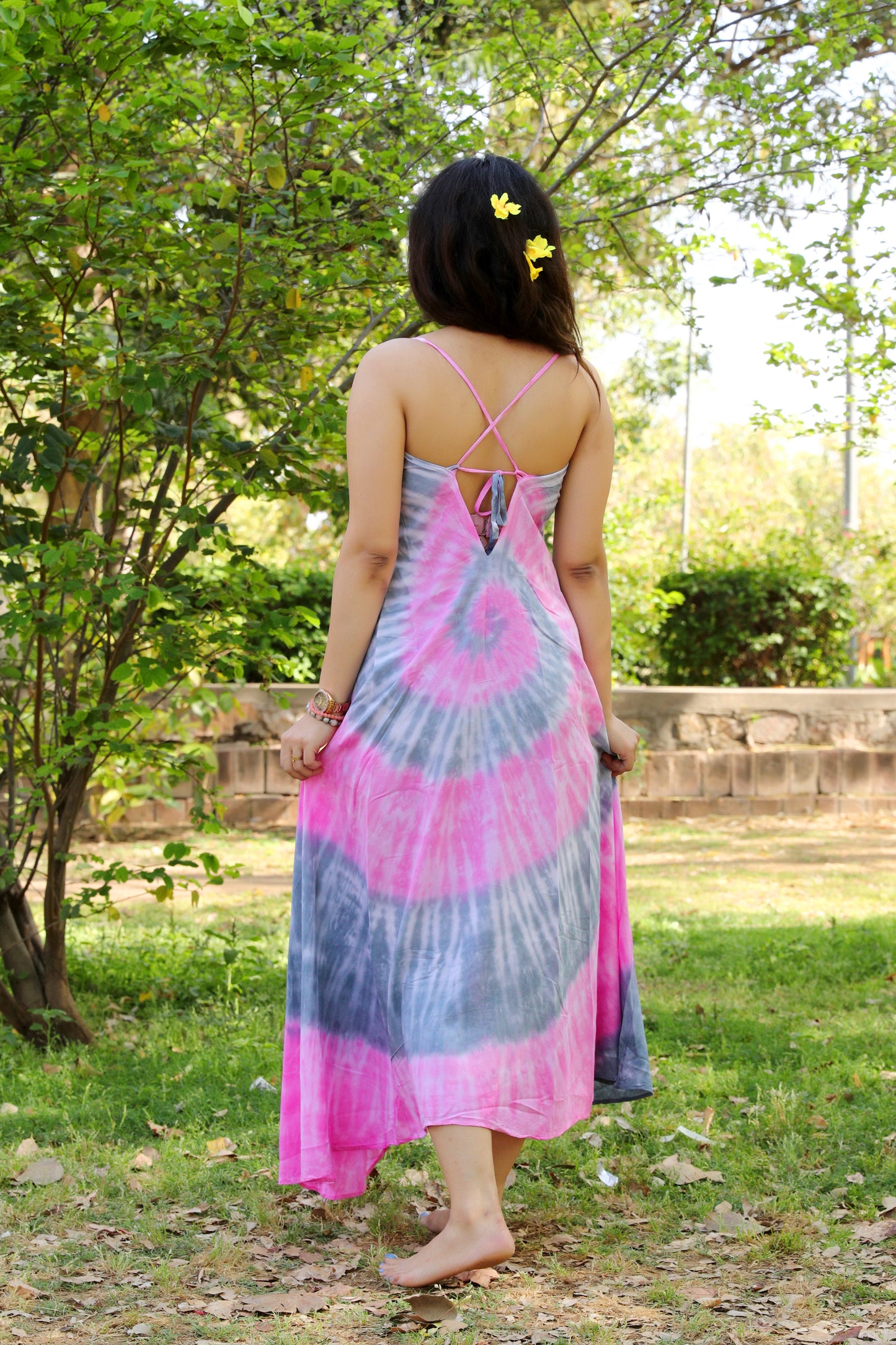 Pink Tie and Dye Maxi  Flowy V-Neck Dress with Back Tie