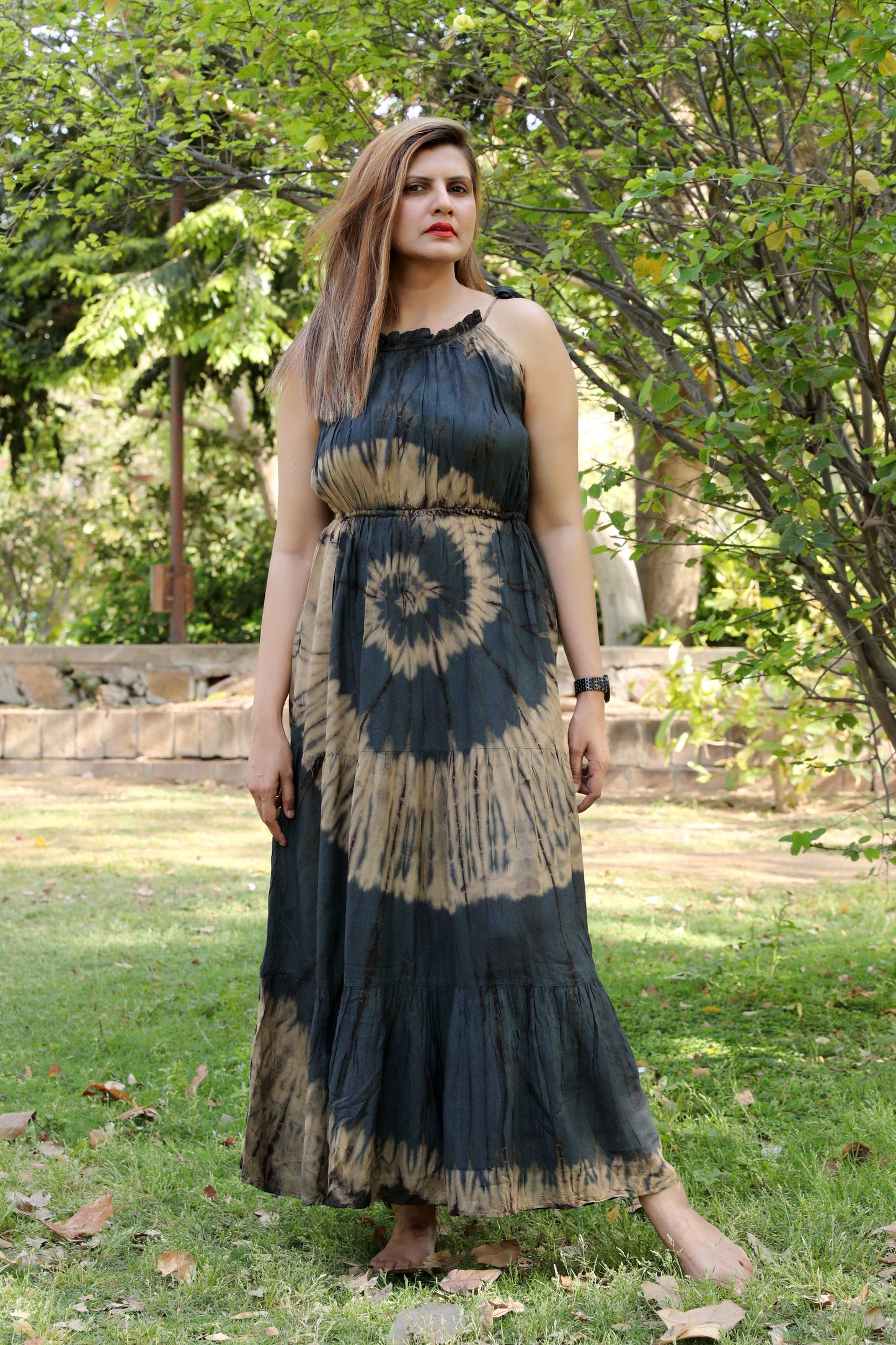 Fungi Flowy V Neck Tie Dye Maxi Dress with Tie Strings