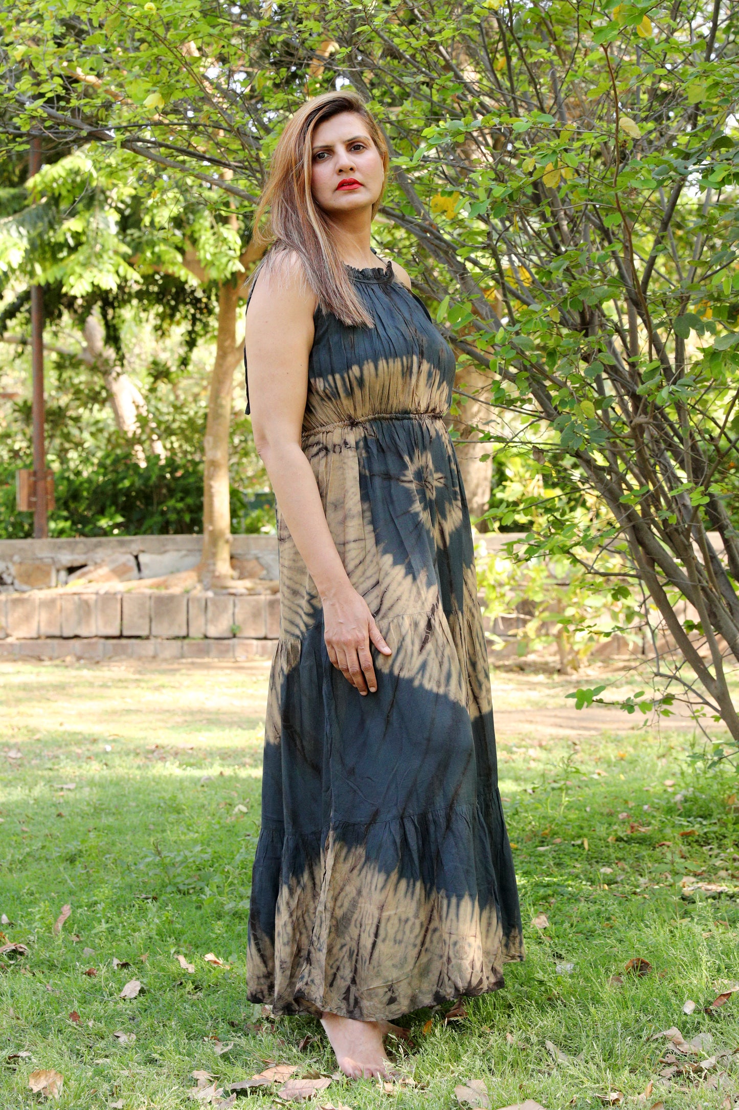 Fungi Flowy V Neck Tie Dye Maxi Dress with Tie Strings