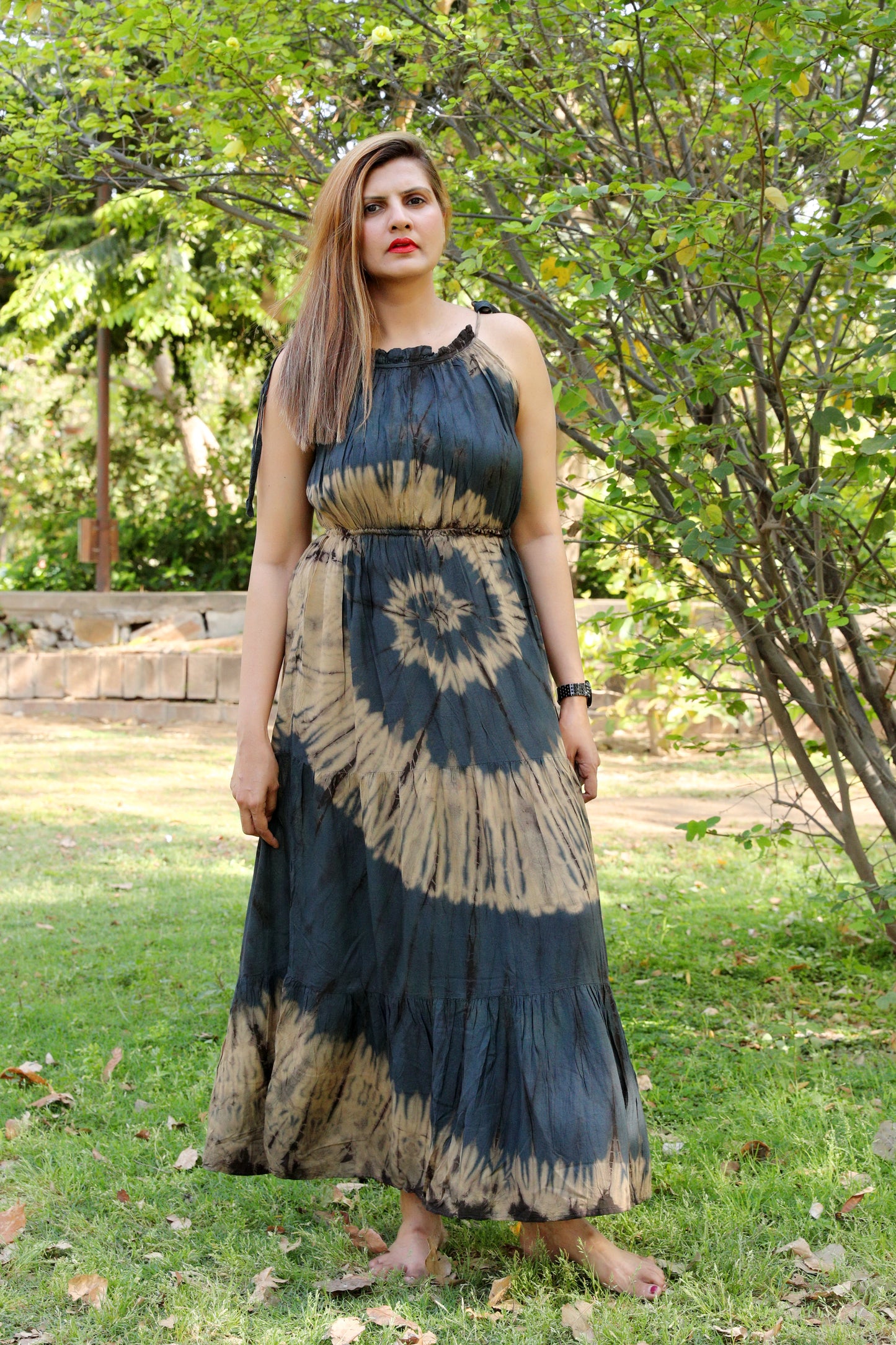 Fungi Flowy V Neck Tie Dye Maxi Dress with Tie Strings